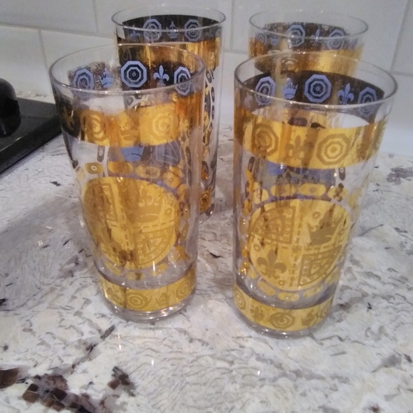 Vintage high ball tumblers set gold & blue fluer de lis & crowns detail - Picture 1 of 5
